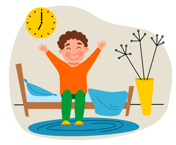 一个睡意朦胧的小男孩，穿着睡衣，在床上伸懒腰。孩子早上醒来了。图片下载