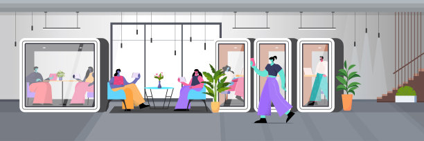 商人们在保护性的玻璃小屋里工作，现代的办公室内部图片下载