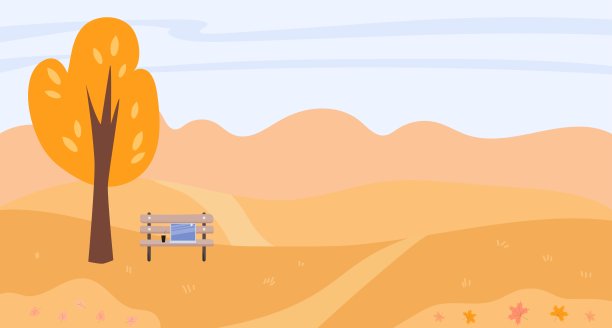 在秋天公园的长椅上，一台笔记本电脑和一杯饮料。工作场所。图片下载