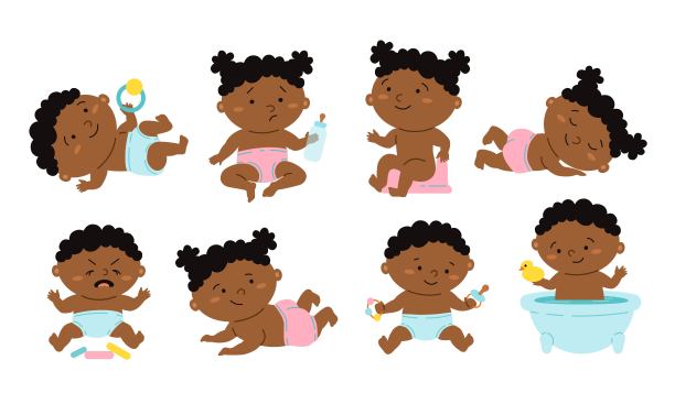 设置可爱的小非洲男孩和女孩的尿布在不同的姿势与玩具，浴缸，瓶子隔离在白色背景。图片下载