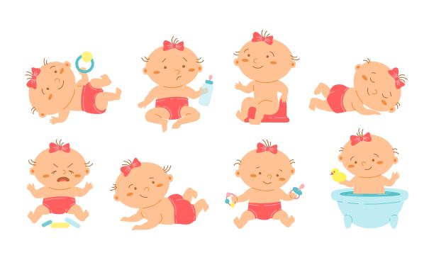 将可爱的小女孩穿着尿布摆出各种姿势，将玩具、浴缸、奶瓶、鸭子隔离在白色背景上。图片下载