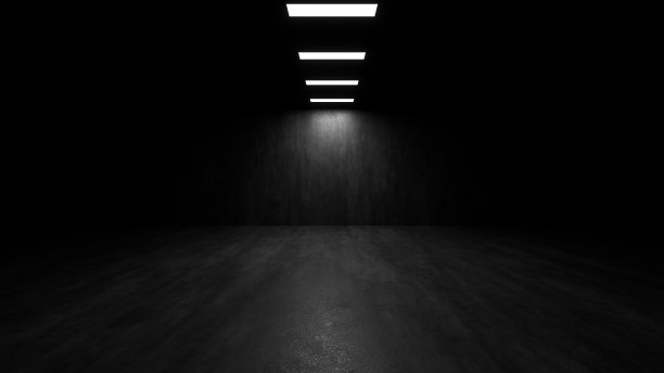 由白色霓虹灯照亮的黑暗大厅。地板和墙上的倒影。3 d渲染图像。图片下载
