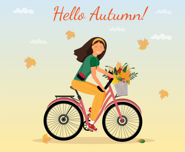 一个年轻的女人骑着一辆自行车，带着一束秋天的叶子，你好秋天的概念，平面矢量插图图片下载