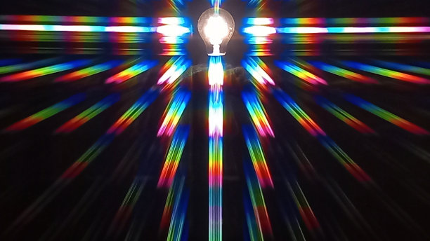 衍射光中的白炽灯，衍射图像，棱镜光，衍射光栅，彩虹色，彩虹光线，RGB滤镜图片下载