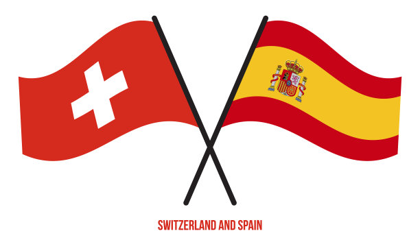 瑞士和西班牙的国旗交叉着挥舞着图片下载