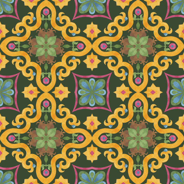 水彩图案瓷砖与交织的元素。图片下载