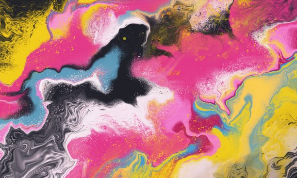 流体艺术大理石背景。树脂洋红色，黄色和蓝色抽象图案传单。图片下载