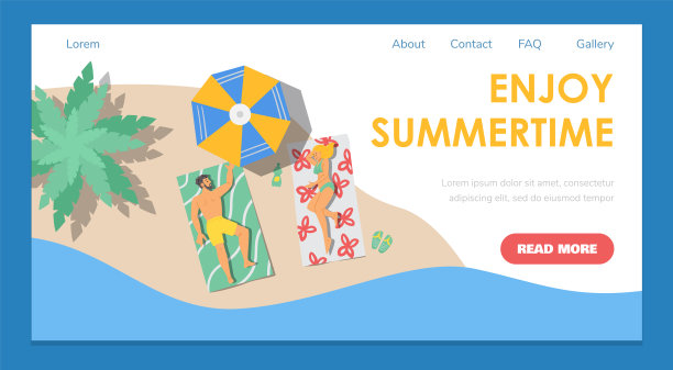夏天的网页横幅与夫妇在海滩上，平面矢量插图。图片下载