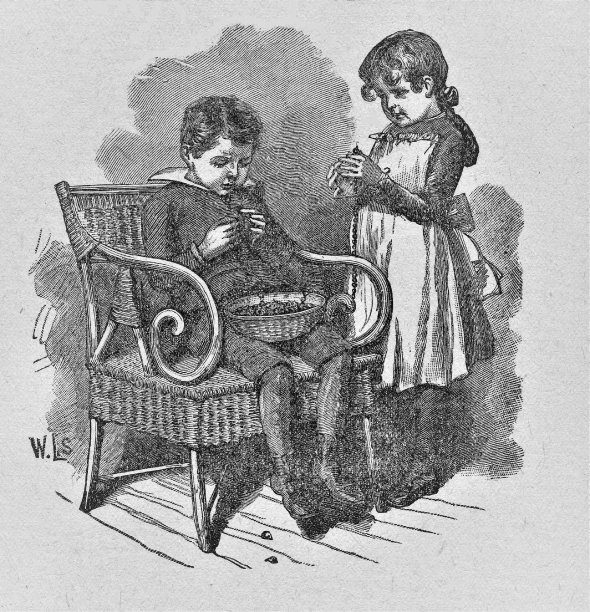 兄弟和姐妹串坚果和浆果，古董图片下载