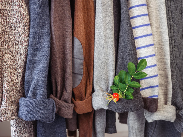秋冬衣服挂在更衣室的衣架上图片下载