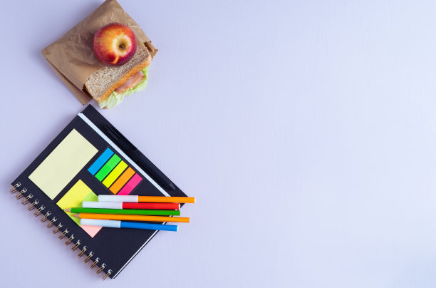 带着笔记本、铅笔和水果三明治回到学校。副本的空间。图片下载