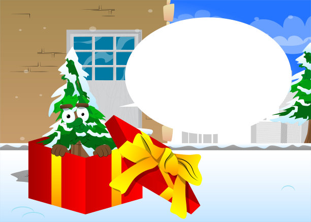 卡通冬季松树与面孔在礼品盒。图片下载