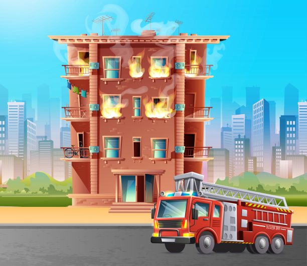 卡通风格的建筑着火插图，消防车在前面救火。以城市摩天大楼为背景。图片下载