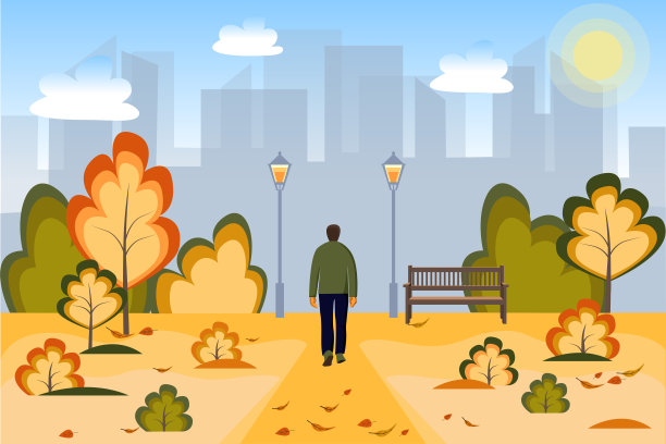 一个男人沿着公园的路走着，周围有秋树、长凳和灯柱。那座城市可以在远处看到图片下载