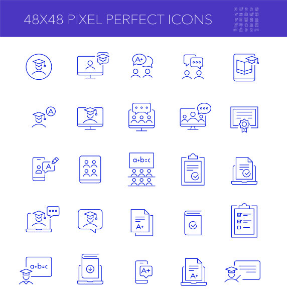 电子学习隔离时间学习图标设置。视频会议、毕业帽、评分作业等。像素完美，可编辑的笔触图片下载