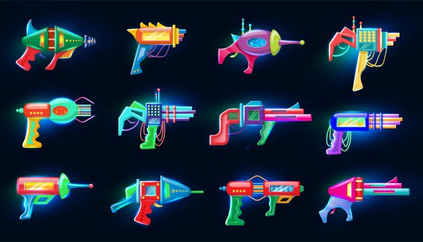 霓虹灯矢量卡通风格插图的未来色彩爆破在黑暗中发光。图片下载