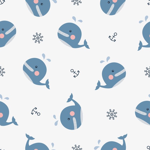 可爱的鲸鱼和海上无缝的白色背景图案。矢量插图。图片下载