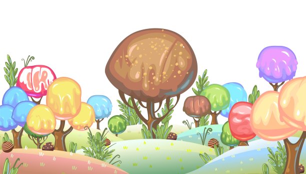 糖果的背景。卡通可爱的土地。果冻、冰淇淋和焦糖。巧克力。可爱的童话风景。孤立的奇妙的插图。向量图片下载