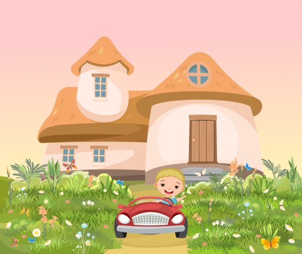 孩子开着小车去冒险。小孩开踏板车或电动玩具车。儿童卡通插图。夏天的风景。公路和农村的房子。向量图片下载