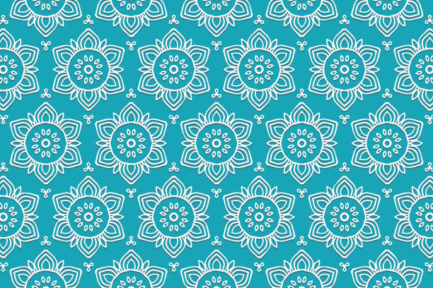 几何体积凸民族白色3D图案。浮雕时尚的花蓝色背景在东方，印度尼西亚风格。图片下载