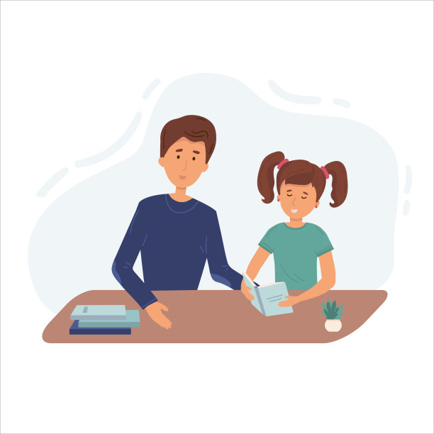 父亲在完成作业后赞扬女儿的插图。跟妈妈或家教上课。图片下载