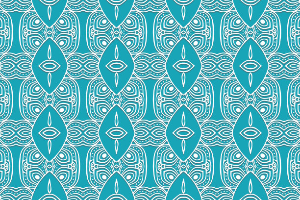 几何体积凸民族白色3D图案。浮雕开孔蓝色背景在东方，印度尼西亚风格。蕾丝质地。图片下载