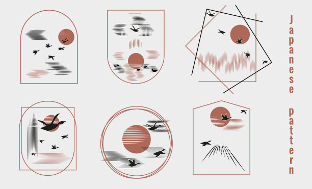 海鸥飞向明亮的太阳。日本风格的极简主义图案。大海，天空中的云彩，森林，白色背景上的树和黑色的鸟。在框架中的向量插图集。图片下载