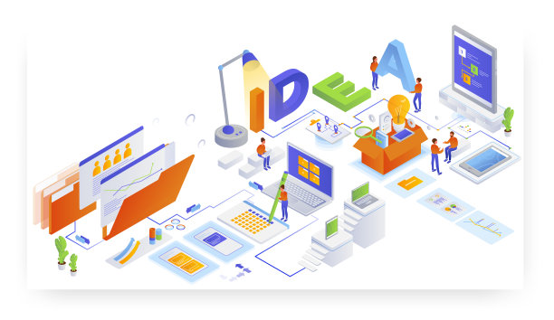 经营理念创造。创造性思维，创造性想法的产生，头脑风暴，矢量等距图解。图片下载