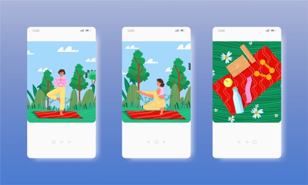 女性在户外练习瑜伽。健康的生活方式。移动应用程序屏幕，矢量网站横幅，网站设计模板。图片下载