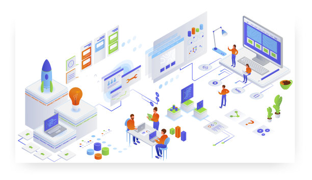 项目启动,团队合作。创新商业项目启动，矢量等距图解。图片下载