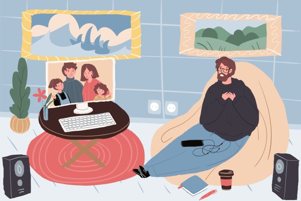 卡通flat幸福家庭人物在视频会议中与亲人沟通，矢量登陆页面社会概念图片下载