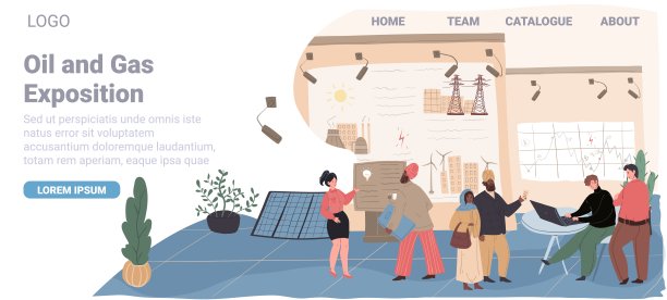 卡通扁平游客和工人人物在展览，矢量登陆页面设计图片下载