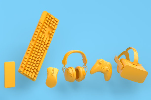 飞行玩家的VR眼镜、耳机和操纵杆等装备是蓝色和黄色的图片下载