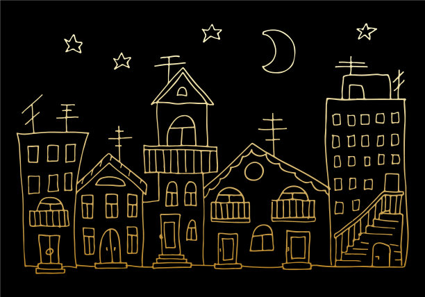 夜景小镇与涂鸦房屋图片下载