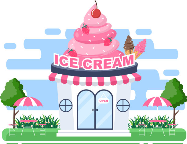 冰淇淋店与开板树和建筑图片下载