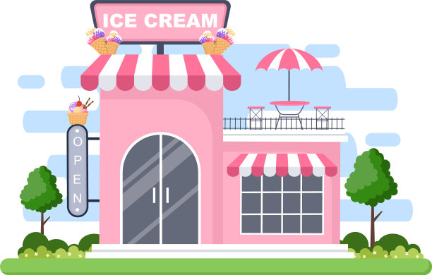 冰淇淋店与开板树和建筑图片下载