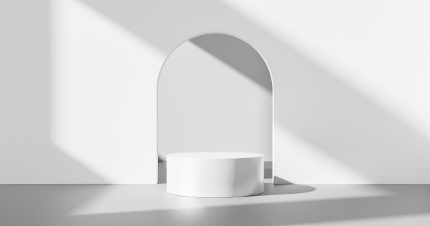 白色产品背景或空的空白空间，房间设计和窗口灯光最小的阴影展示平台，舞台上的室内平台基座，场景背景站与工作室橱窗。3 d渲染。图片下载
