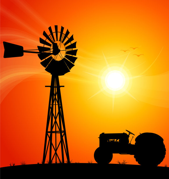 风车澳大利亚剪影日落与拖拉机图片下载