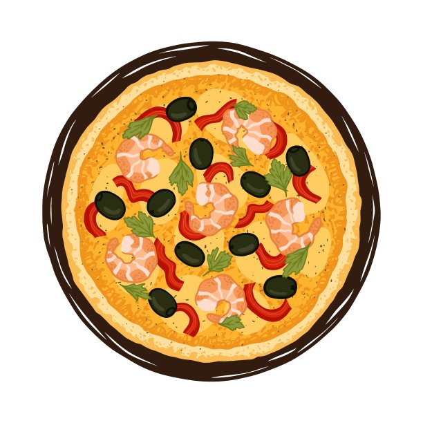 手绘海鲜披萨的矢量插图。美味的意大利披萨，上面有马苏里拉奶酪，对虾，黑橄榄，红甜椒，欧芹。图片下载