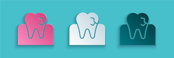 纸剪的牙齿与龋齿图标孤立在蓝色图片下载