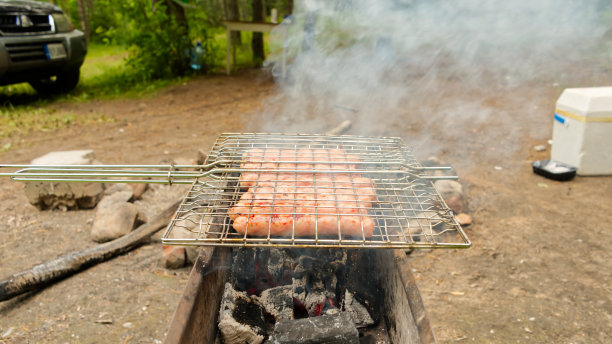 用老式炉在草地上烤香肠的过程。在美丽的湖边举行自然派对图片下载