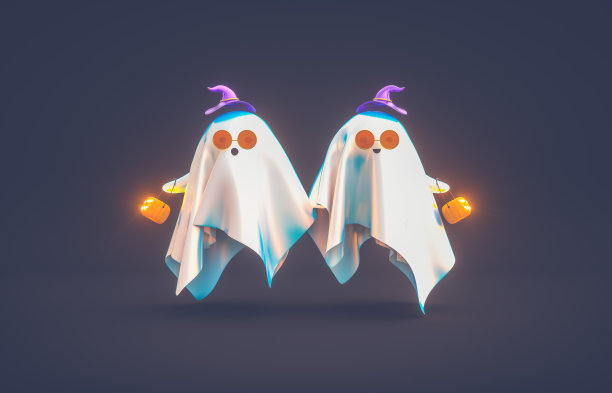 可爱的3d万圣节幽灵手持南瓜桶。万圣节的背景。图片下载