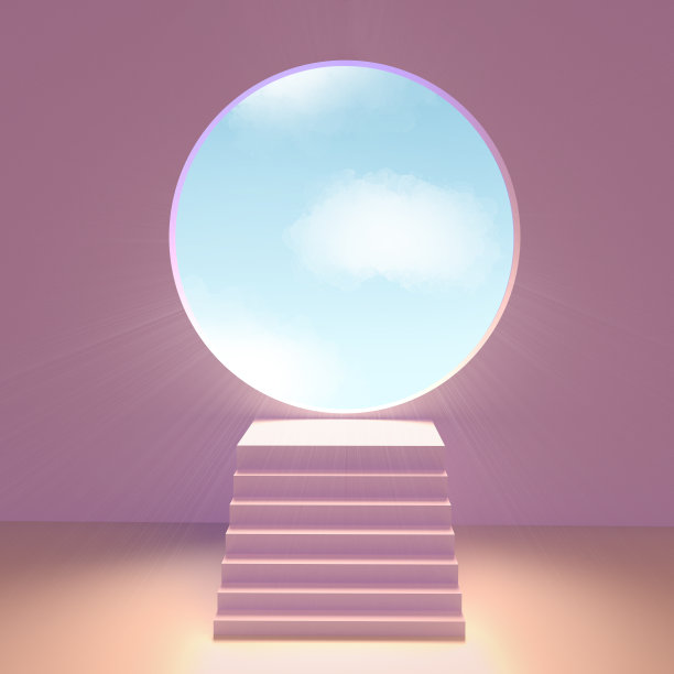 带有圆形窗户和通向天空的楼梯的抽象平台。一个有基座的粉红色房间。三维渲染图片下载