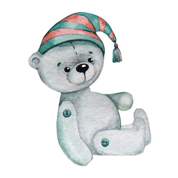 戴着帽子的灰色泰迪熊。水彩的形象。图片下载