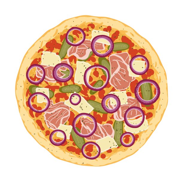 披萨上有番茄酱、奶酪、泡菜、洋葱和熏火腿。手绘披萨的矢量插图。图片下载