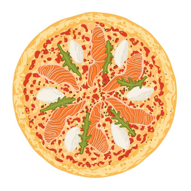 披萨上有番茄酱，芝士，三文鱼片，奶油芝士和芝麻菜。手绘披萨的矢量插图。图片下载