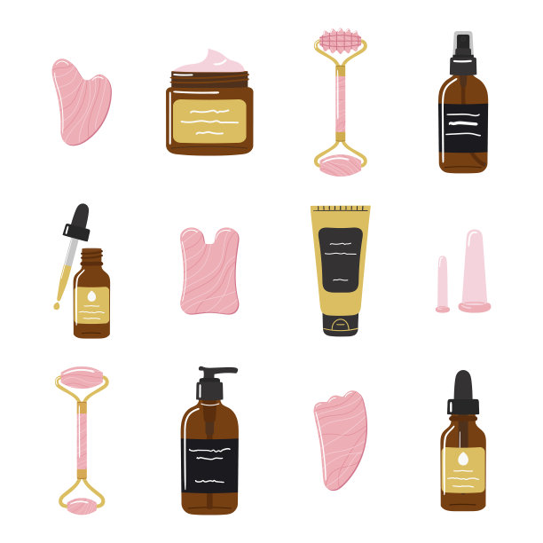 大套有机护肤品，面油，刮砂石，滚轮都是由玫瑰石英制成。家庭美容护肤常规。手绘矢量插图。图片下载