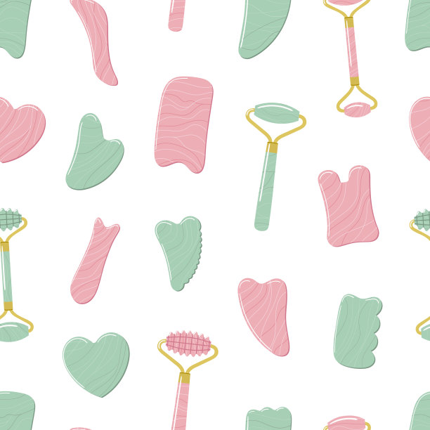 无缝隙式刮痧按摩工具。不同的刮沙石和滚筒是由玫瑰石英，绿色沙洲。家庭美容护肤常规。手绘矢量插图。图片下载