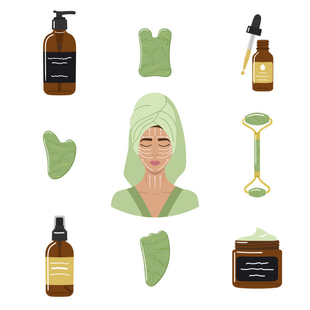 大套有机护肤品，面油，刮沙石，滚筒都是用薄荷制成的。女性面部有按摩纹。家庭美容护肤常规。手绘矢量插图。图片下载