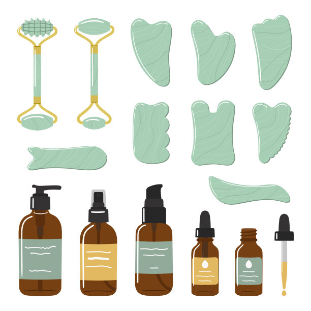 大套有机护肤品，面油，刮沙石，滚筒都是用绿色沙文制成的。家庭美容护肤常规。手绘矢量插图。图片下载